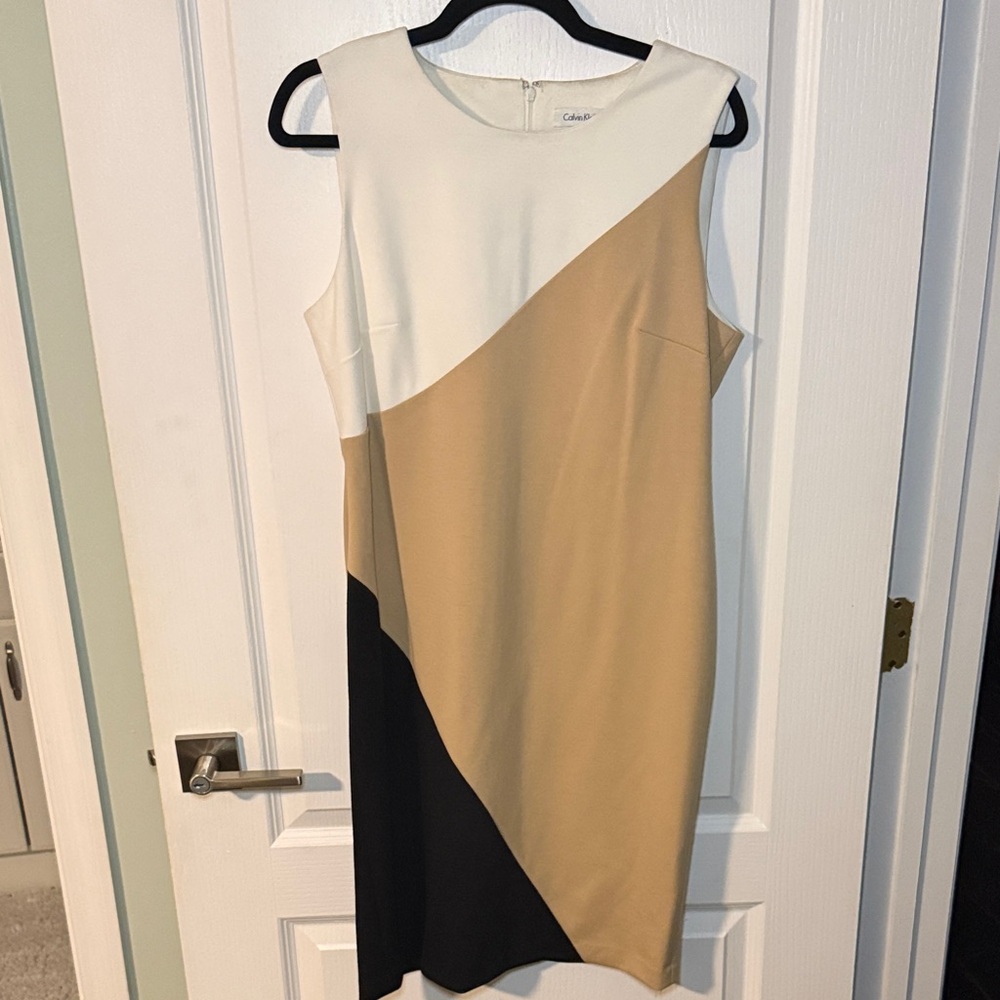 Calvin Klein Asymmetrical Dress in Cream, Tan, and Black